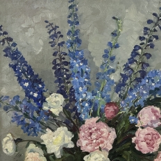 Antique Framed Oil Painting on Canvas by Lucien Hock (1899-1972), Floral Still Life in Delft Pot, Dated 1949