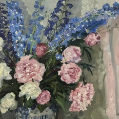 Antique Framed Oil Painting on Canvas by Lucien Hock (1899-1972), Floral Still Life in Delft Pot, Dated 1949