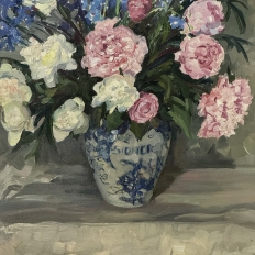 Antique Framed Oil Painting on Canvas by Lucien Hock (1899-1972), Floral Still Life in Delft Pot, Dated 1949