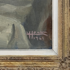 Antique Framed Oil Painting on Canvas by Lucien Hock (1899-1972), Floral Still Life in Delft Pot, Dated 1949
