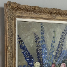 Antique Framed Oil Painting on Canvas by Lucien Hock (1899-1972), Floral Still Life in Delft Pot, Dated 1949