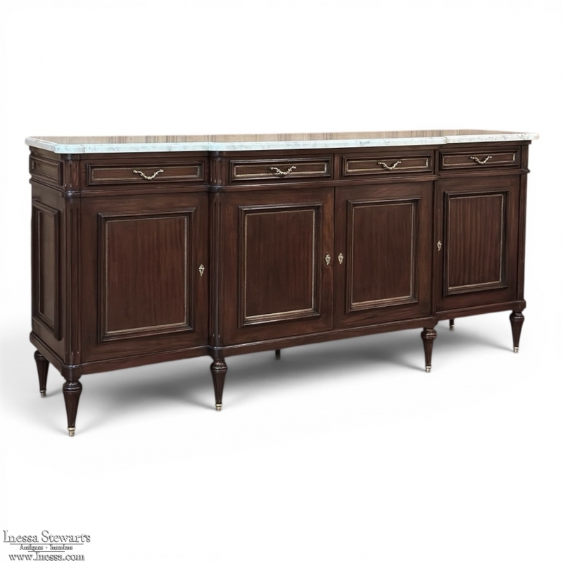 French Louis XVI Style Carrara Marble Top Mahogany Four Door Buffet