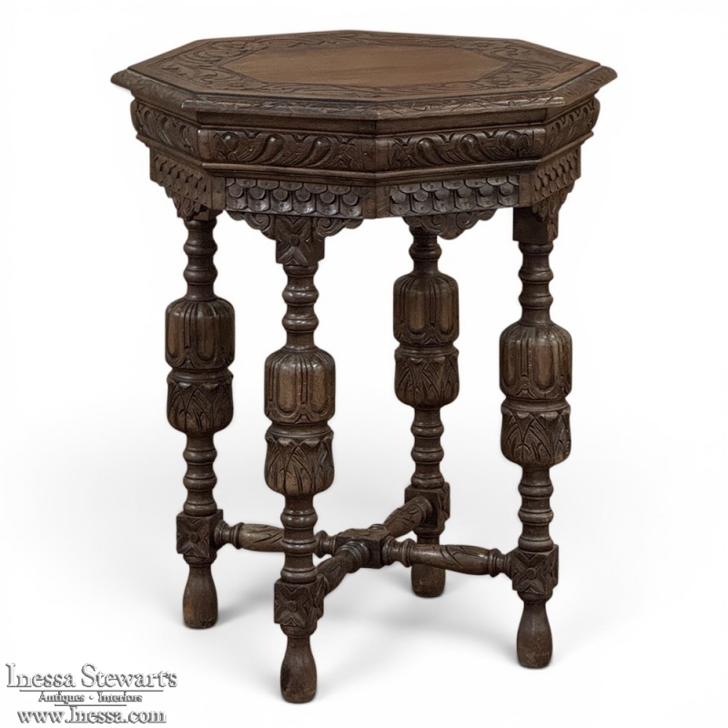 Antique Jacobean Style Octagonal End Table in Hand Waxed Oak