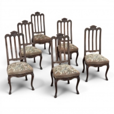 Set of 6 Antique Country French Li&egrave;geois Hand Carved Oak Dining Chairs with Needlepoint Tapestry