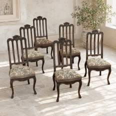 Set of 6 Antique Country French Liègeois Hand Carved Oak Dining Chairs with Needlepoint Tapestry