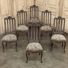 Set of 6 Antique Country French Liègeois Hand Carved Oak Dining Chairs with Needlepoint Tapestry