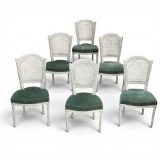 Set of Six Neoclassical Painted Swedish Chairs with Caned Backs & Mohair Seats