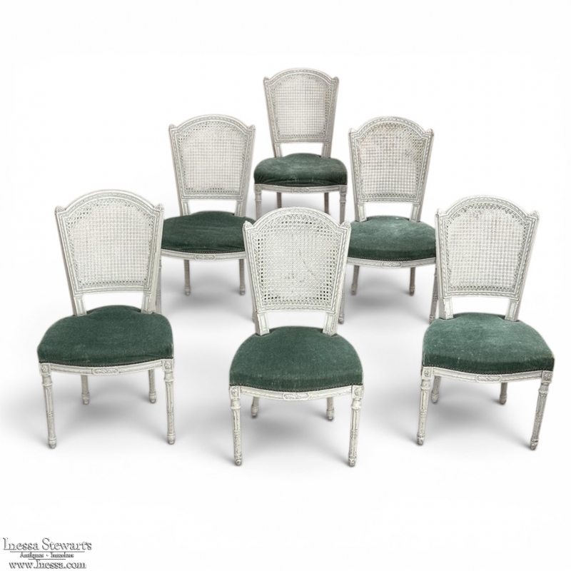 Set of Six Neoclassical Painted Swedish Chairs with Caned Backs & Mohair Seats