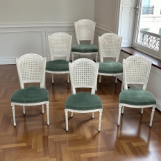 Set of Six Neoclassical Painted Swedish Chairs with Caned Backs & Mohair Seats