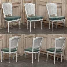 Set of Six Neoclassical Painted Swedish Chairs with Caned Backs & Mohair Seats