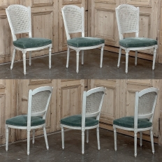 Set of Six Neoclassical Painted Swedish Chairs with Caned Backs & Mohair Seats