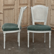 Set of Six Neoclassical Painted Swedish Chairs with Caned Backs & Mohair Seats