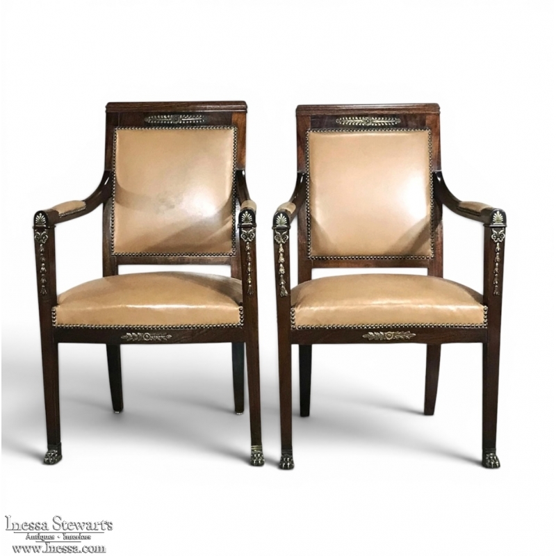 Pair 19th Century French Empire Mahogany Armchairs with Leather & Bronze Mounts