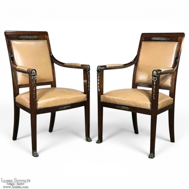 Pair 19th Century French Empire Mahogany Armchairs with Leather & Bronze Mounts