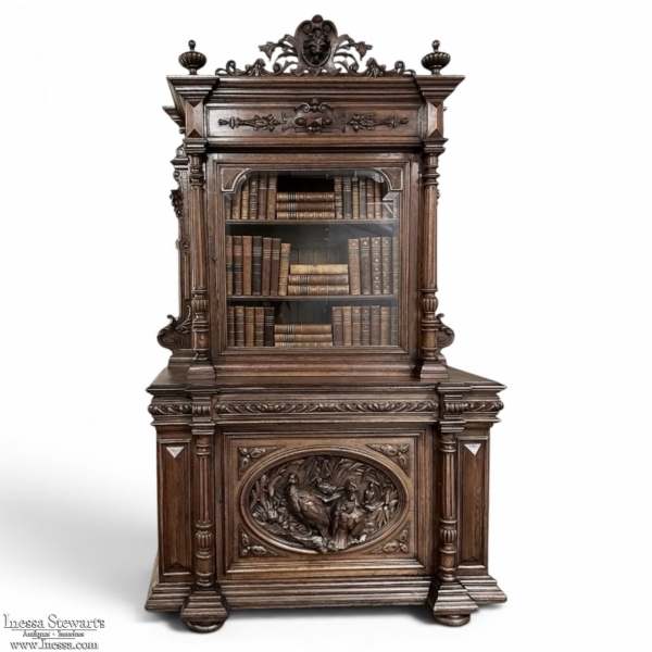19th Century French Renaissance Revival Oak Bookcase ~ Biblioth&egrave;que with Beveled Glass