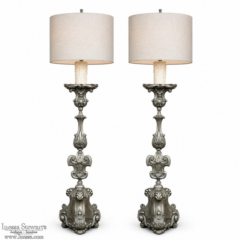 PAIR Antique Solid Pewter Baroque Style Candlestick Floor Lamps