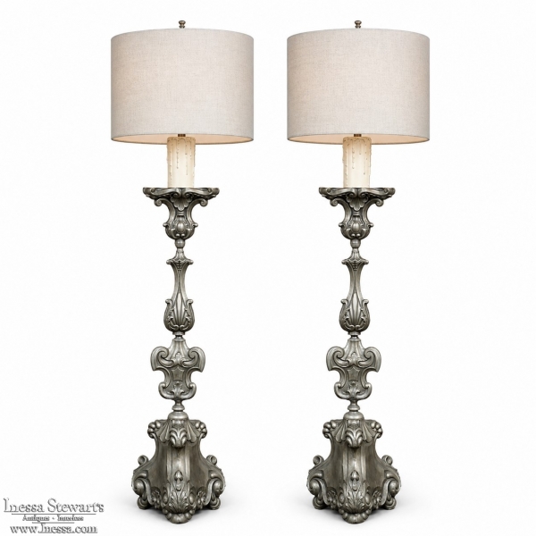PAIR Antique Solid Pewter Baroque Style Candlestick Floor Lamps