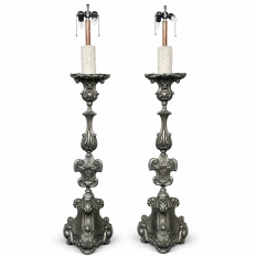 PAIR Antique Solid Pewter Baroque Style Candlestick Floor Lamps