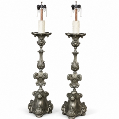 PAIR Antique Solid Pewter Baroque Style Candlestick Floor Lamps