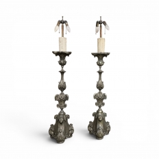 PAIR Antique Solid Pewter Baroque Style Candlestick Floor Lamps