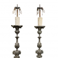 PAIR Antique Solid Pewter Baroque Style Candlestick Floor Lamps