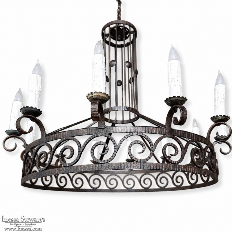 Large Art Deco Style Wrought Iron 12-Light Chandelier