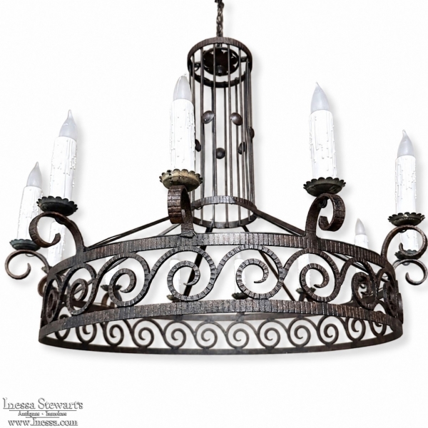 Large Art Deco Style Wrought Iron 12-Light Chandelier