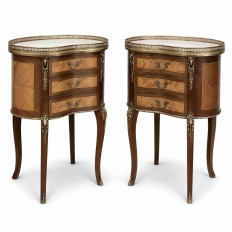 Pair Antique French Louis XVI Transitional End Tables with Brass Rail and Carrara Marble Tops