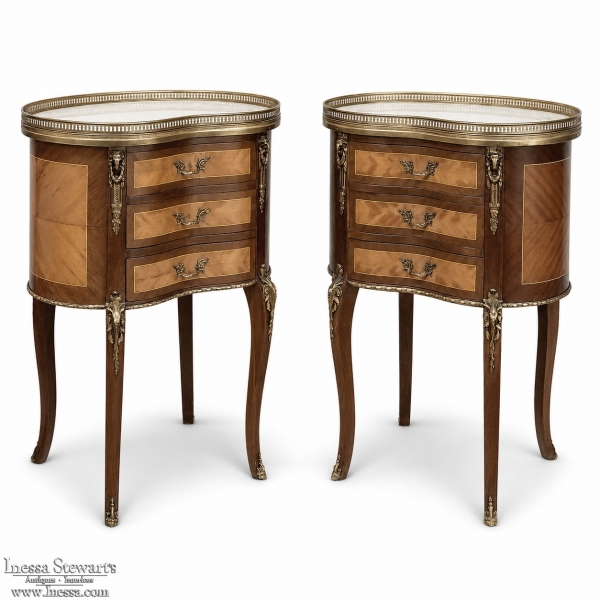 Pair Antique French Louis XVI Transitional End Tables with Brass Rail and Carrara Marble Tops