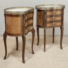 Pair Antique French Louis XVI Transitional End Tables with Brass Rail and Carrara Marble Tops