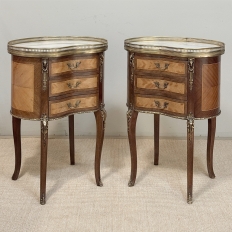 Pair Antique French Louis XVI Transitional End Tables with Brass Rail and Carrara Marble Tops