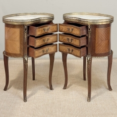 Pair Antique French Louis XVI Transitional End Tables with Brass Rail and Carrara Marble Tops