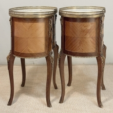 Pair Antique French Louis XVI Transitional End Tables with Brass Rail and Carrara Marble Tops