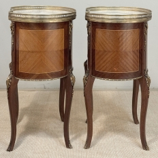 Pair Antique French Louis XVI Transitional End Tables with Brass Rail and Carrara Marble Tops