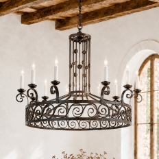 Large Art Deco Style Wrought Iron 12-Light Chandelier
