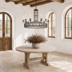 Large Art Deco Style Wrought Iron 12-Light Chandelier