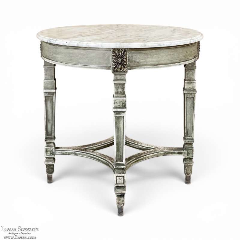 19th Century French Neoclassical Round Painted End Table with Carrara Marble Top