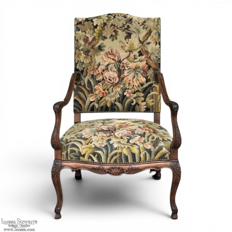 19th Century French Louis XV Fruitwood Armchair ~ Fauteuil with Needlepoint Tapestry
