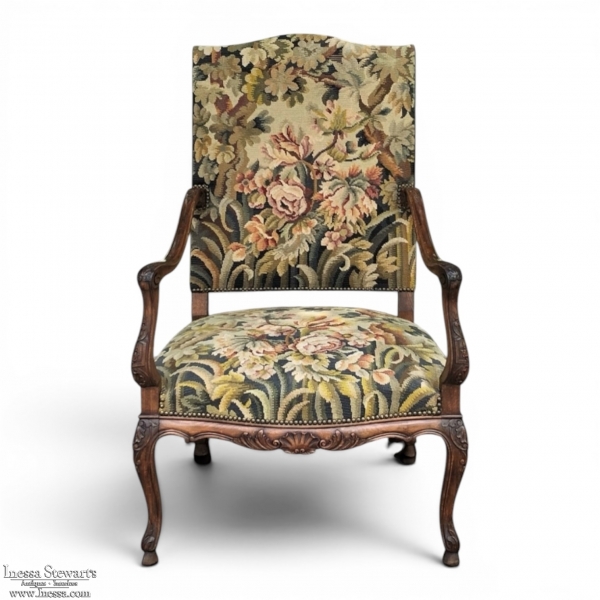 19th Century French Louis XV Fruitwood Fauteuil ~ Armchair with Floral Needlepoint
