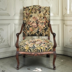 19th Century French Louis XV Fruitwood Armchair ~ Fauteuil with Needlepoint Tapestry