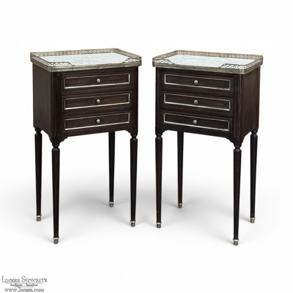 Pair Antique French Directoire Mahogany End Tables with Carrara Marble