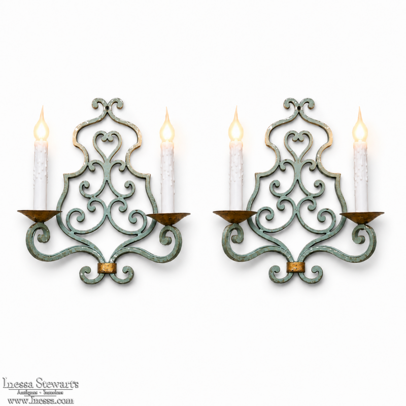 Pair Country French Painted Wrought Iron Wall Sconces