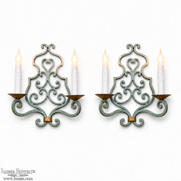Pair Country French Painted Wrought Iron Wall Sconces