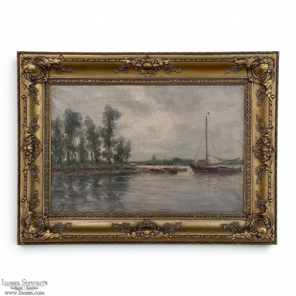 19th Century Belgian Oil on Canvas Painting of Riverboats by Romain Steppe in Original Gilt Frame