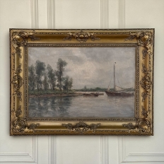 19th Century Belgian Oil on Canvas Painting of Riverboats by Romain Steppe in Original Gilt Frame