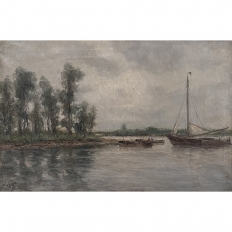 19th Century Belgian Oil on Canvas Painting of Riverboats by Romain Steppe in Original Gilt Frame