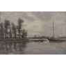 19th Century Belgian Oil on Canvas Painting of Riverboats by Romain Steppe in Original Gilt Frame