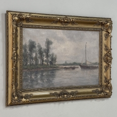 19th Century Belgian Oil on Canvas Painting of Riverboats by Romain Steppe in Original Gilt Frame
