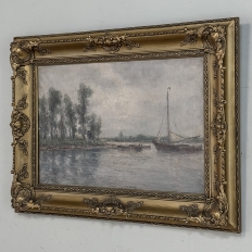 19th Century Belgian Oil on Canvas Painting of Riverboats by Romain Steppe in Original Gilt Frame