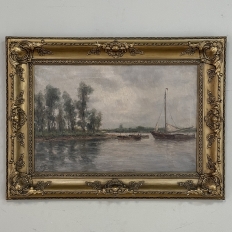 19th Century Belgian Oil on Canvas Painting of Riverboats by Romain Steppe in Original Gilt Frame